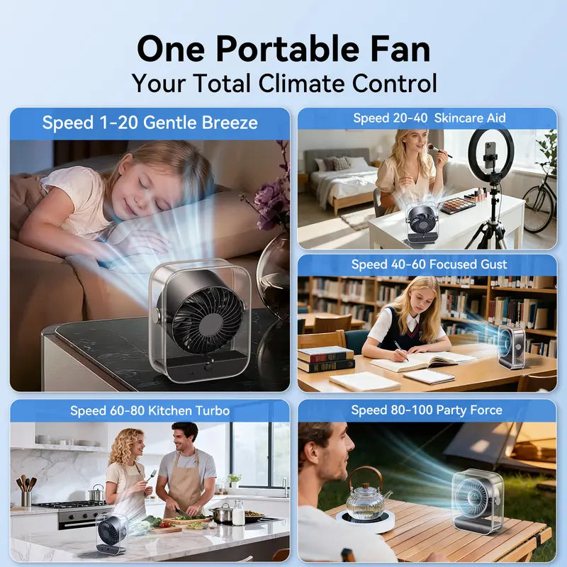 Rechargeable USB Desk Fan – Quiet Table Fan with Turbo Airflow, 100-Speed Adjustment, Digital Display, 90° Rotating Head, Compact Battery-Powered, for Bedroom, Office & Travel (Black)