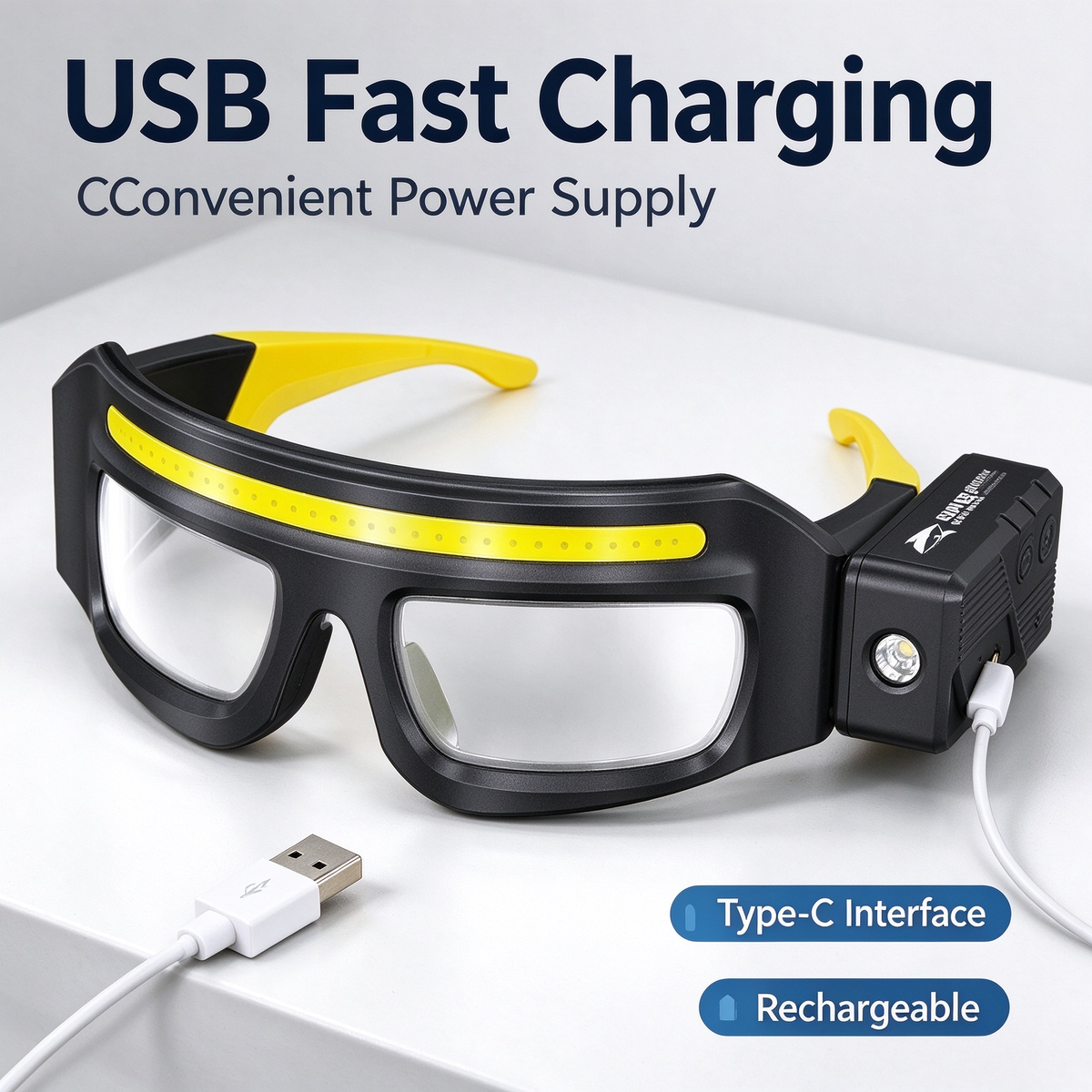 New Work Dustproof Windproof Illuminated Safety Glasses - Rechargeable Portable Outdoor Lighting Eyewear Headlamp with Spot & Flood Dual Light