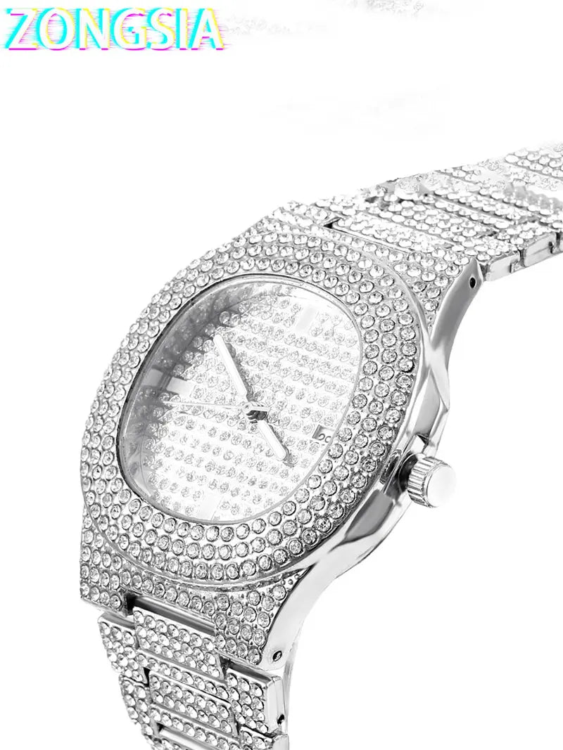 Men's Fashion Jewelry Set with Box - Rhinestone Watch, Cross Pendant Necklace and Cuban Chain Bracelet