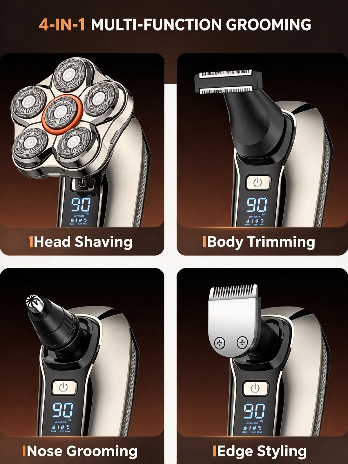 Smart Type-C Washable Electric Shaver - Digital Display, Magnetic 6-Blade Head, 6-in-1 Grooming Razor