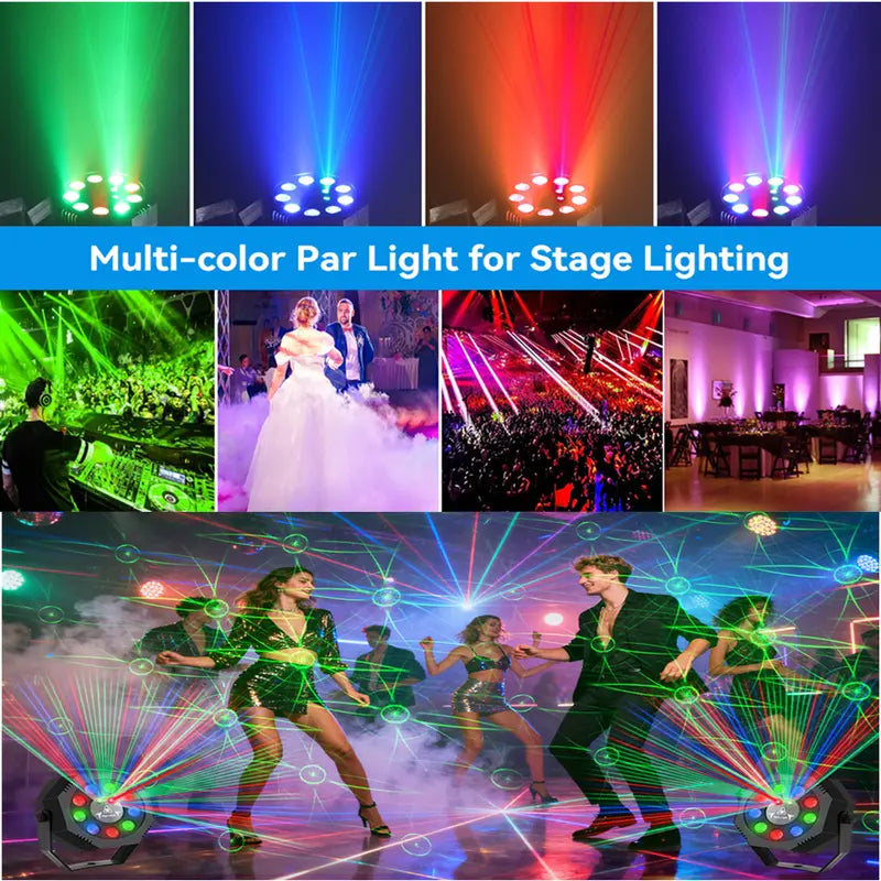 DJ Laser Party Projector - Adjustable RGB Lighting, 9 LED Strobes, Sound Sync and Remote Control for Bar, Stage and Dance Events