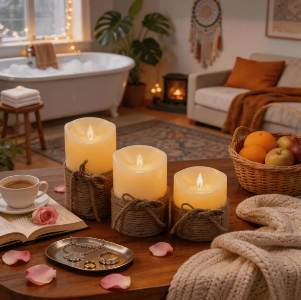 3-Pack Flameless LED Candles with Remote Control – Flickering Warm Light, Hand-Tied Jute Rope, Battery-Powered, for Romantic Atmosphere & Home Decoration