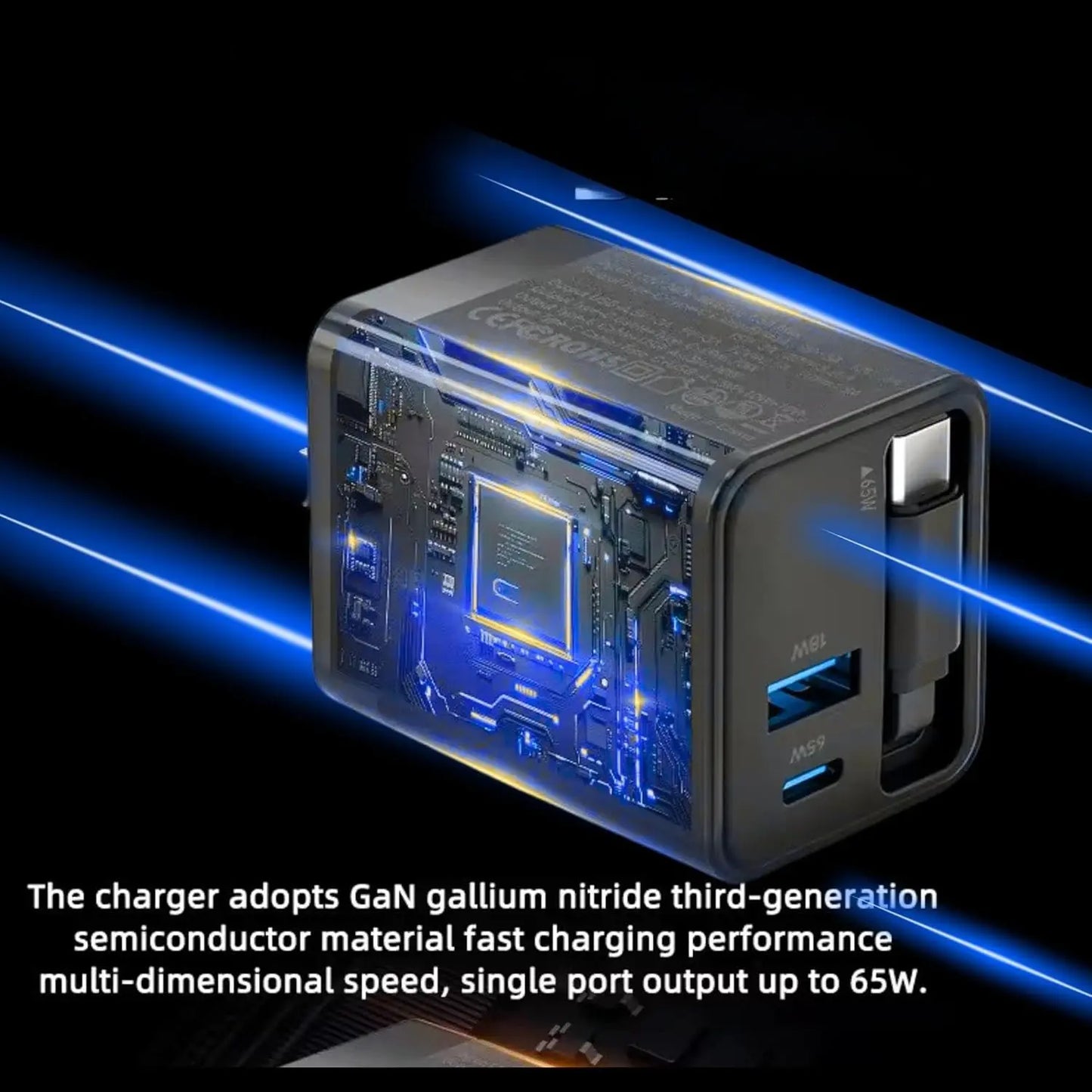 65W GaN USB-C Fast Charger with Retractable Cable - Multiport Charging Station (2 USB-C PD + 1 USB-A) Travel Adapter for Laptop, MacBook, iPhone and Galaxy