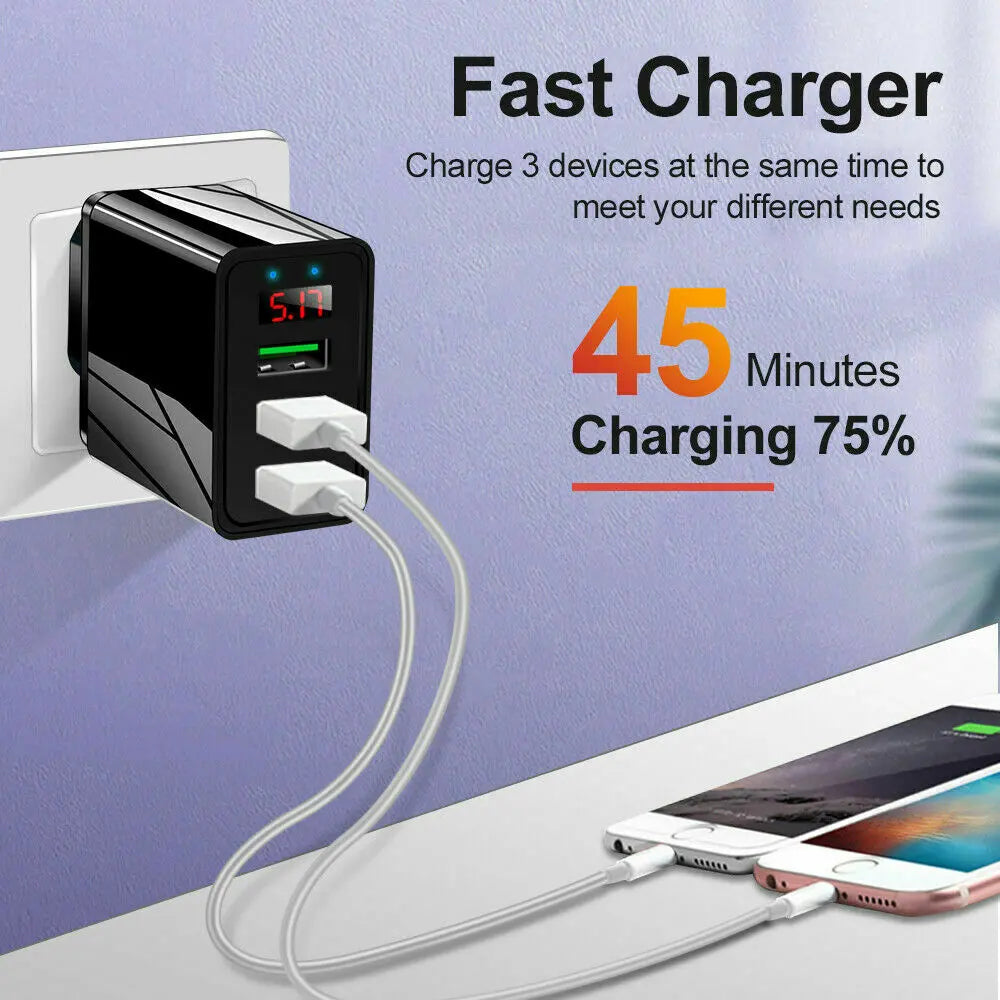 2-Pack 3-Port USB Wall Fast Charger QC 3.0 - LED Display Quick Charge for iPhone, Samsung, LG and Android