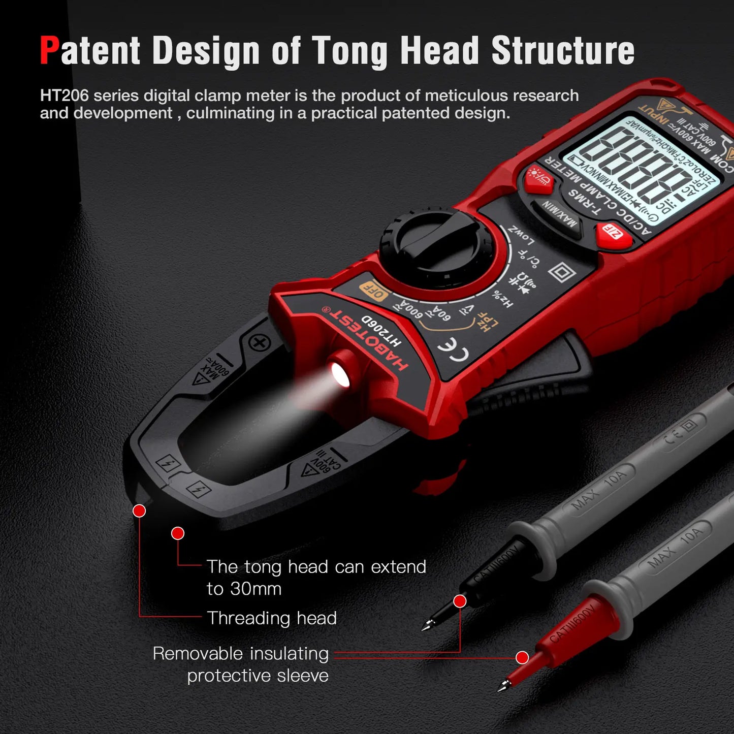 HABOTEST HT206D Digital Clamp Meter - 600A AC/DC Current, Two-Color Backlight, NCV Voltmeter Ammeter