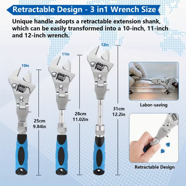 5-in-1 Ratcheting Adjustable Crescent Wrench – 180° Folding, Rotating Head, 10–12 Inch Range