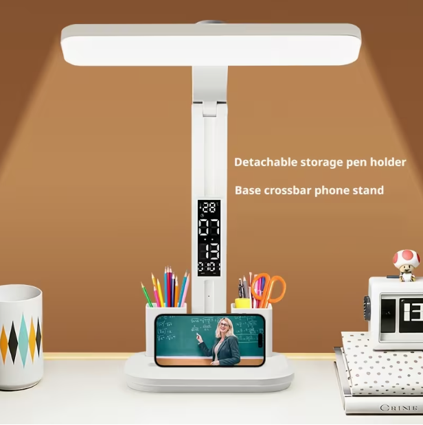 LED Desk Lamp with Large-Area Lighting – Touch Control, 3 Color Modes, USB Powered, Foldable Design with Display & Pen Holder, for Study & Reading