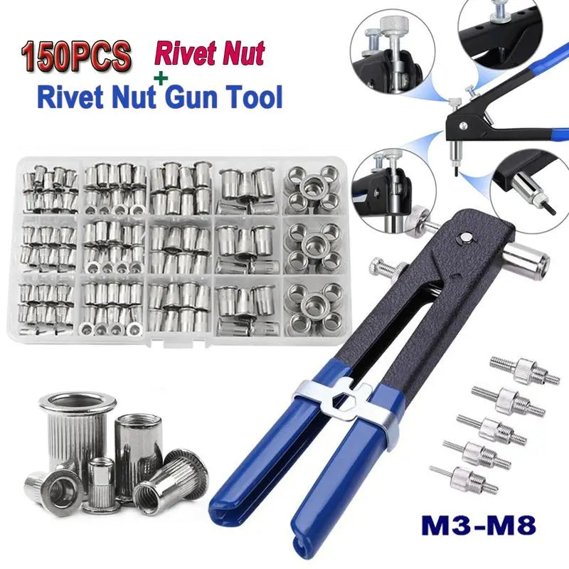 Portable Rivet Nut Tool Kit – Heavy Duty 150-Piece Set with M3-M8 Mandrels, Industrial Rivet Gun & Flathead Screw Nut Riveter, Includes Tool Box