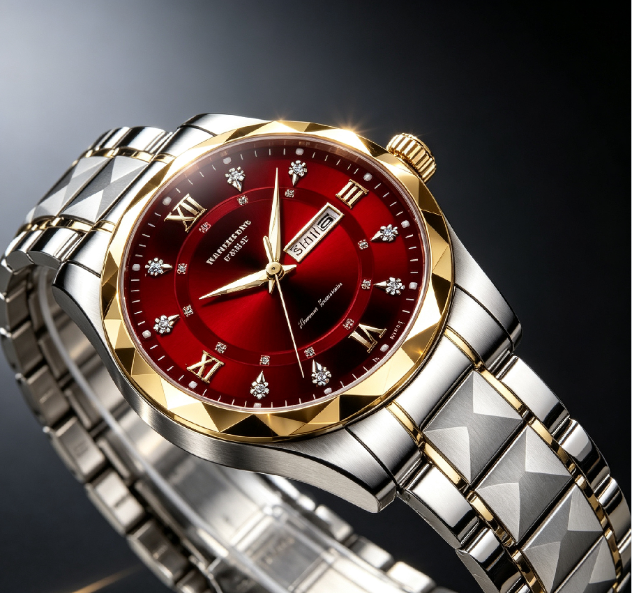 Unisex Stainless Steel Quartz Watch – Rhinestone & Roman Numeral Dial, Day/Date & Dual Display, Luminous, Waterproof, Trendy Fashion Watch