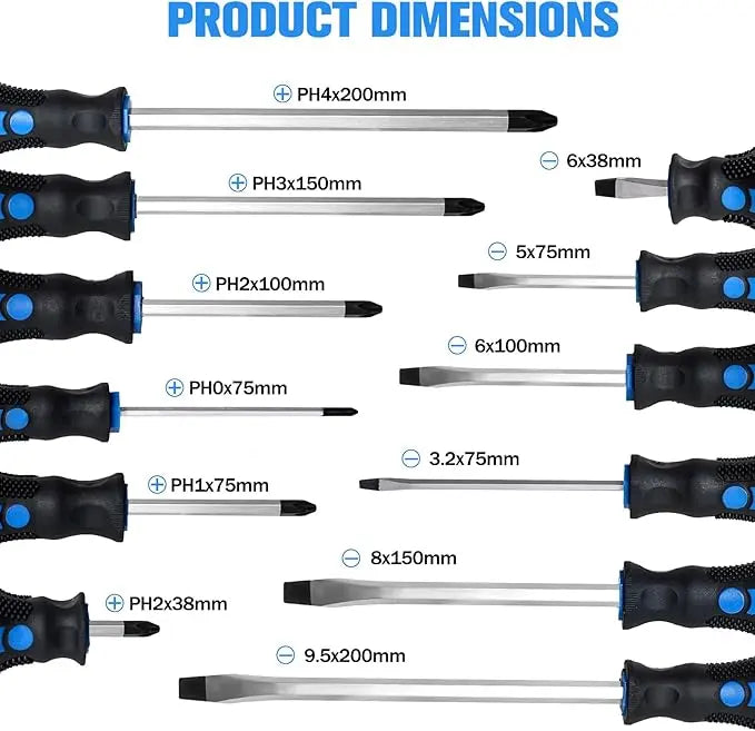 Magnetic Screwdriver Set 12 PCS with Black tips, 6 Phillips and 6 Flat Head Screwdrivers, with Go-Thru Steel Blades, High Torque for Fastening and Loosening (Black Tip_Matt Blade) summervibes image 2