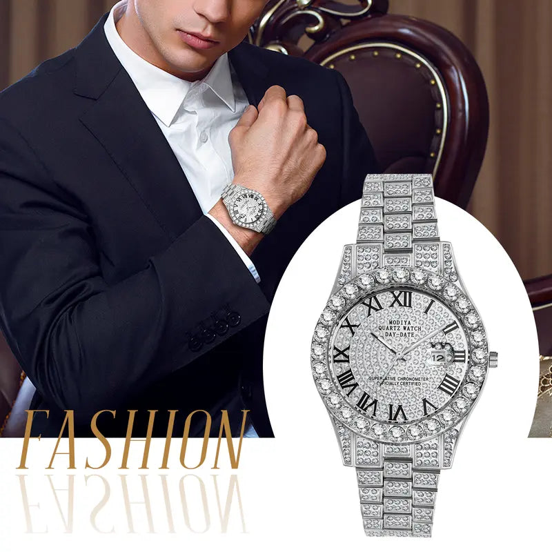 Men's Rhinestone Diamond Watch: Luxury Roman Numeral Quartz Analog Watches for Men Waterproof Date Wrist Watch Business Casual Dress Watch Iced Out Watch