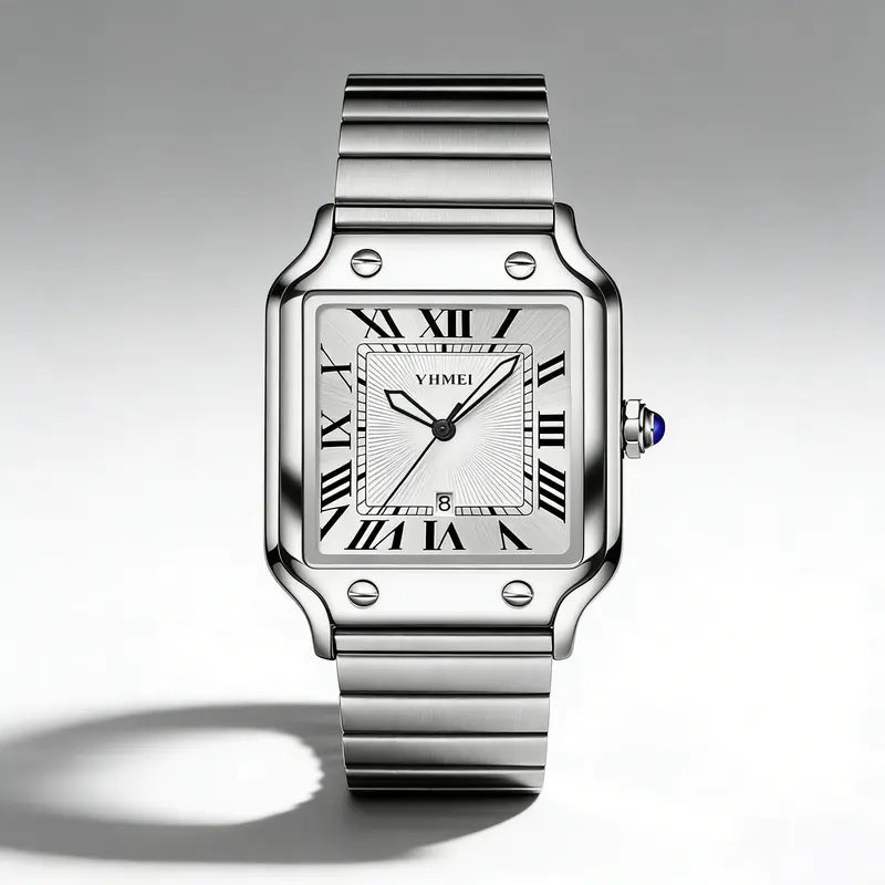 26 new Unisex Classic Square Roman Numerals Silver Analog Water-Resistant Watch suitable for Women Men Stainless Steel Strap Date Display Casual Wristwatch