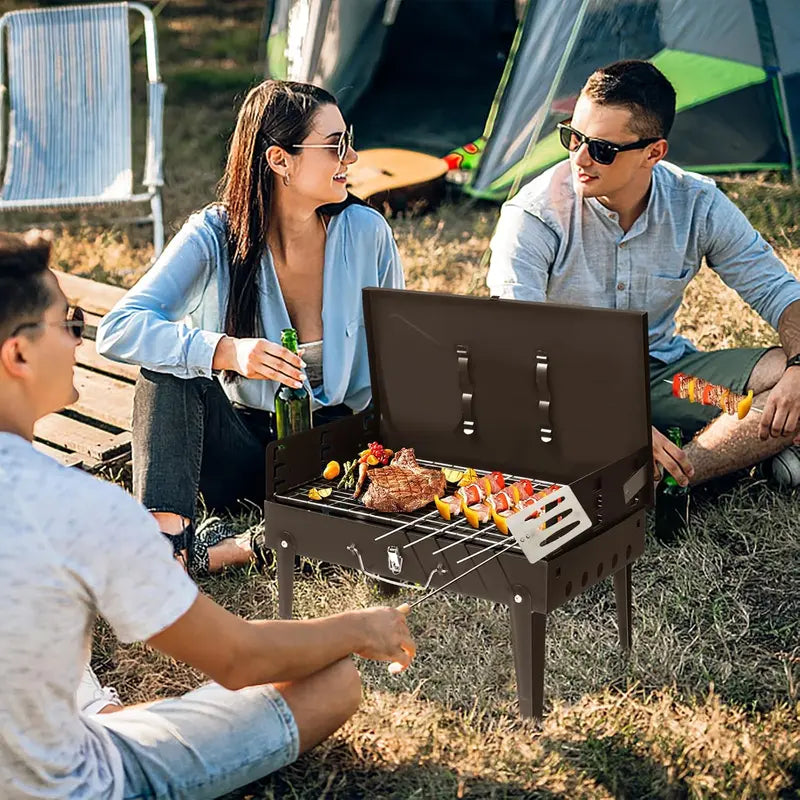 Tiny Small Portable Charcoal Grill, 17x10x18 in. Outdoor Foldable BBQ Grill with Barbecue Accessories & Lid for Cooking Camping Picnic Hiking Beach Party Patio Smokers