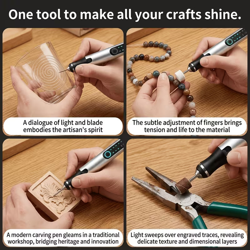 Cordless Electric Rotary Engraving Pen – USB‑C Rechargeable, 3‑Speed Adjustable, Multi‑Use for Sanding, Polishing, Drilling – Complete Accessory Kit for Jewelry, Jade & DIY Crafts