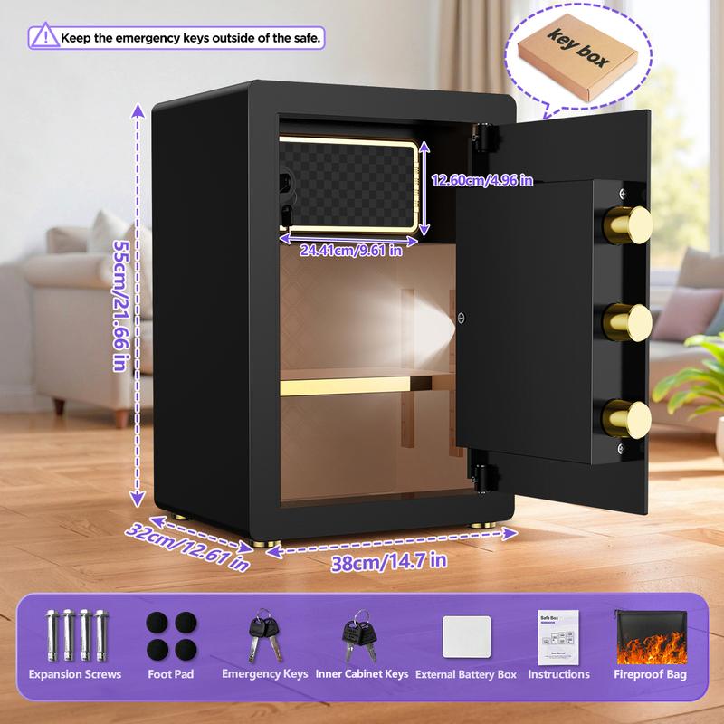 Large Safe Box, Digital Board, With Fireproof Document Bag & Alarm System for Home or Office Security, for Cash Jewerly Lock Adjustable Shelf