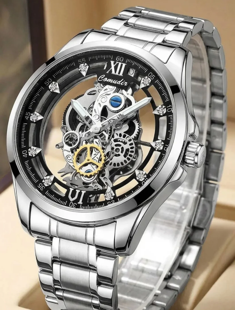 ⌚ Cash on Delivery ✨ BINBANG Men's Silver Color Steel Strap Dual-Sided Transparent Quartz Watch – Alloy Case, Analog Round Face – Luxury Trendy Sporty Casual Business Timepiece – Free Shipping