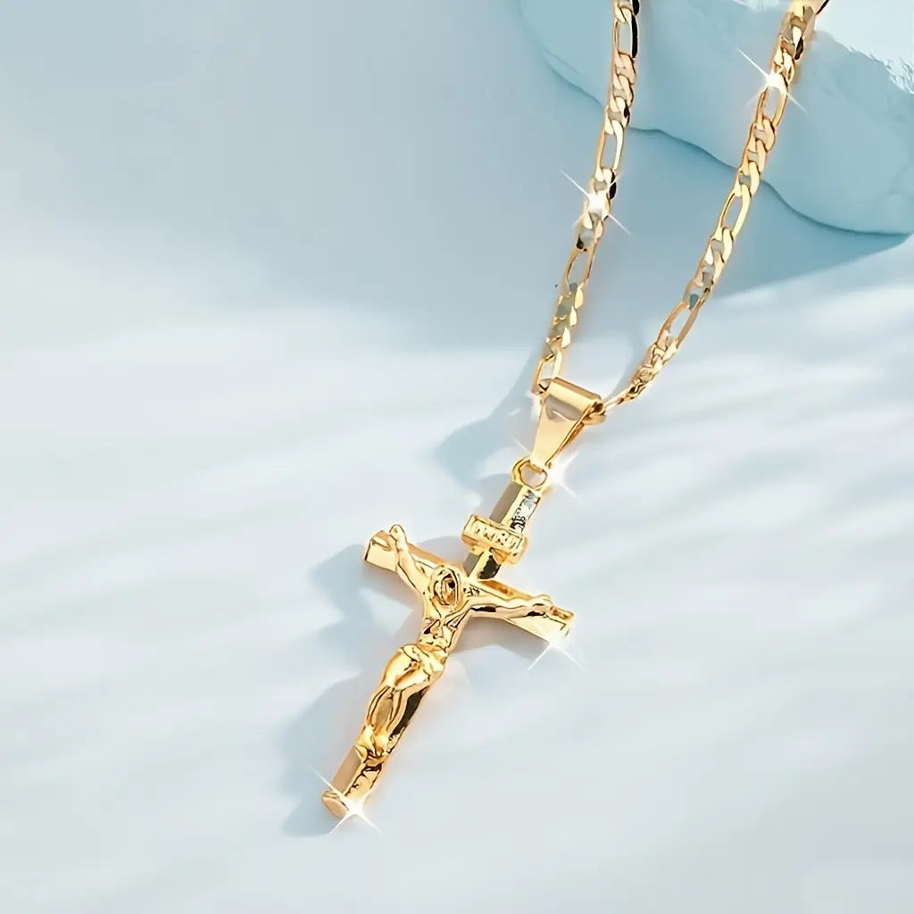 Men's Vintage 14K Gold-plated Jesus Cross Pendant Necklace With Smooth Chain Religious Jewelry For All Year Round Easter Graduation Gift image 6