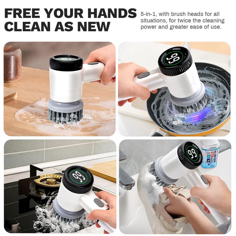 Electric Spin Scrubber for Bathroom & Kitchen Cordless Shower Cleaning Brush with 5 Interchangeable Heads Adjustable Speeds Long Battery Life IPX7 Waterproof Design