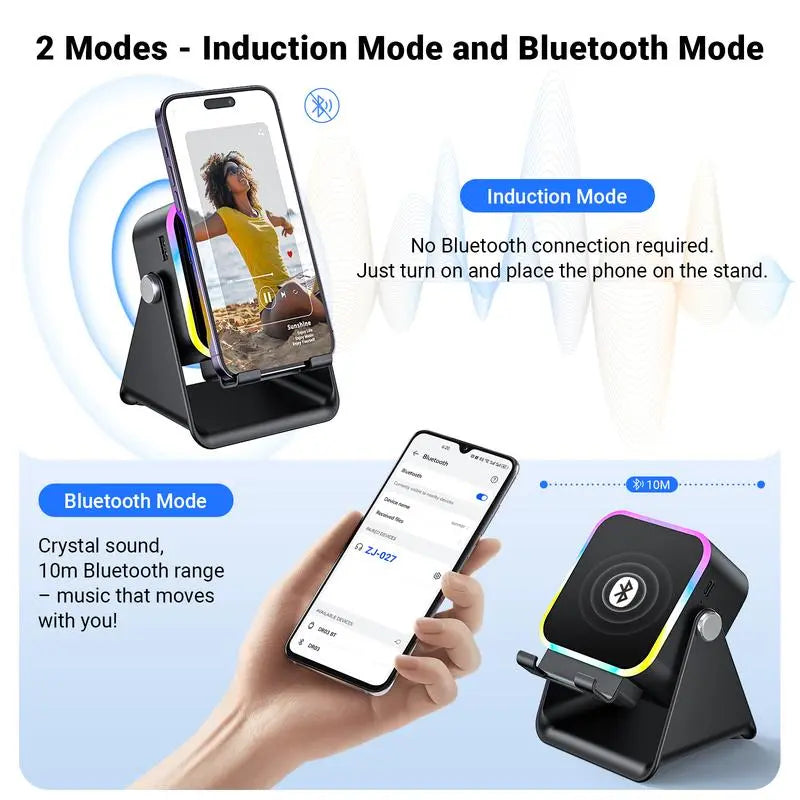 Wireless Induction Audio Speaker Stand, 5in1 Cellphone Holder, 1500mAh Rechargeable Emergency Power Bank,360° Adjustable Mobile Tablet Stand with Colorful Ambient Light Gifts for Men Women,Play continuously for 5 hours  BlackFriday