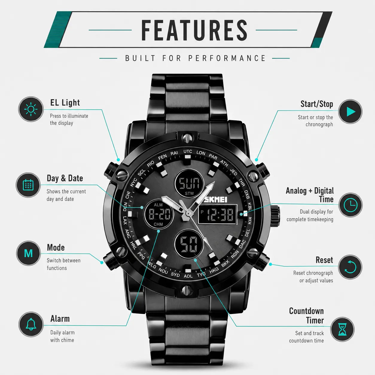 SKMEI Men's Casual Digital Quartz Watch, 48mm Big Face Analog-Digital Display with Stainless Steel Band, 30M Waterproof, Stopwatch, and Backlight, Casual Watch image 2
