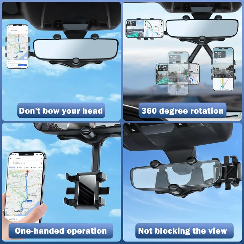Rearview Mirror Phone Holder for Car, 360° Rotating Rear View Mount with Adjustable Arm Length, Multifunctional and GPS Universal Car All Smartphones