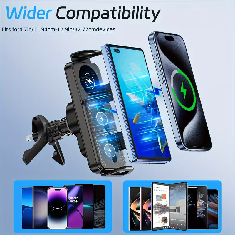 15W Wireless Car Charger Mount, Electric Auto-Clamping Holder, Adjustable Horizontal & Vertical Angle, Fast Charging, Fits Galaxy Z Fold6/Fold5/Fold4/Fold3/Fold2, iPhone 16/15/14/13/12 Pro Max, 4.3"-6.9" Smartphones