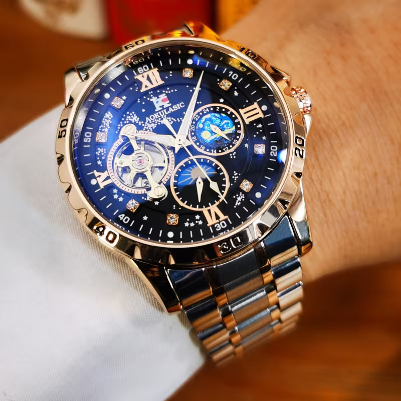 AOKULASIC Men Tourbillon Skeleton Automatic Mechanical Watch, Diamond Starry Luminous Dial, Moon Phase Function, Large Dial Waterproof Wristwatch，Business Casual Men Watch, Christmas New Year Thanksgiving Birthday Gift for Men