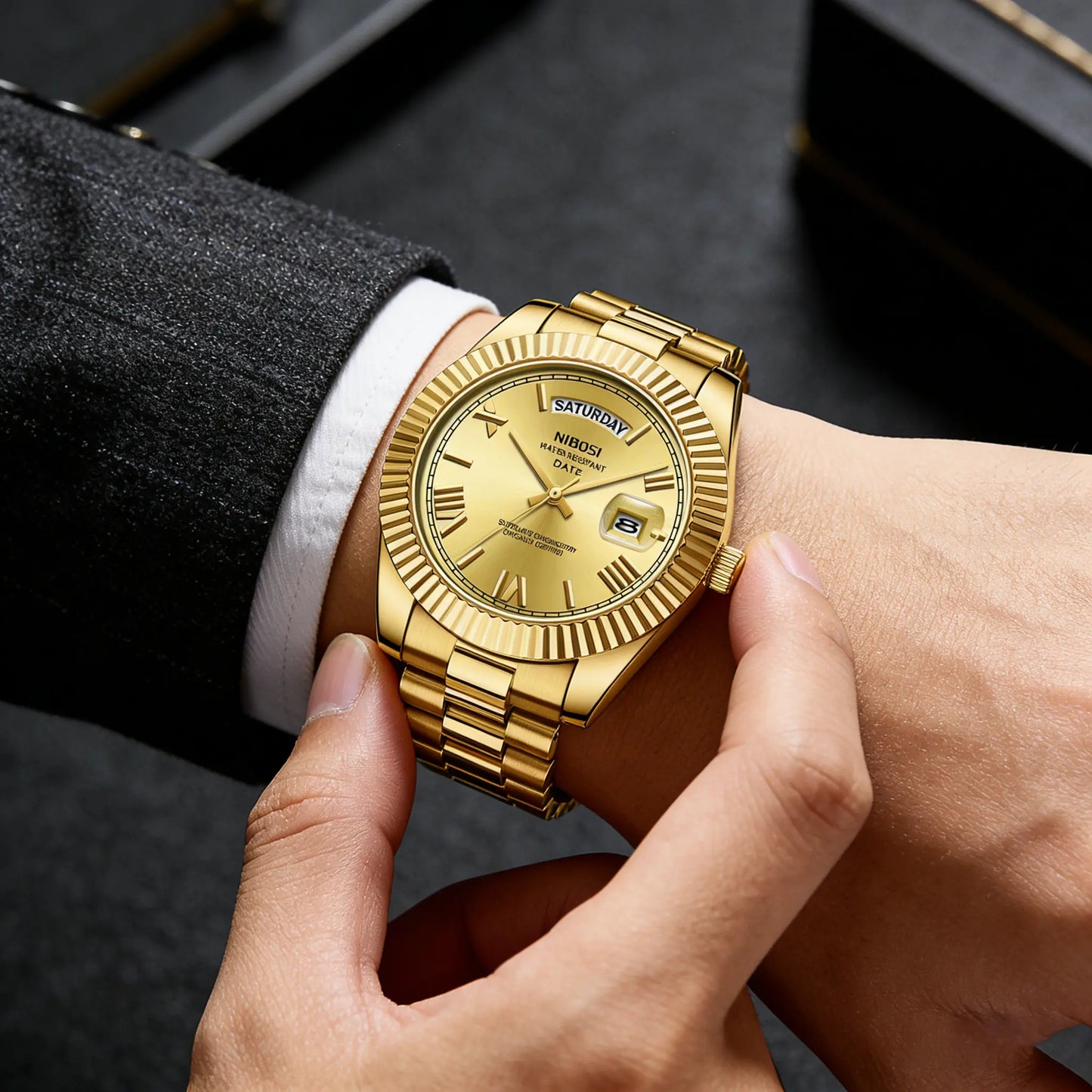 NIBOSI Men's Business Fashion Analog Quartz Watch，Calendrier Waterproof Watch for Party, Daily Decor, Trendy Exquisite Watch for Birthday Gift with Box outdoorfun