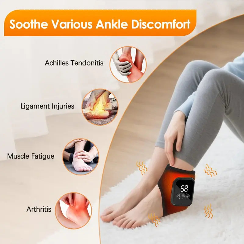 Ankle Relief Device, 3 Heat Settings 48-58°c, 3 Vibration Massage Levels, 15-Minute Timer, Touchscreen Operation, Universal Adhesive Strap