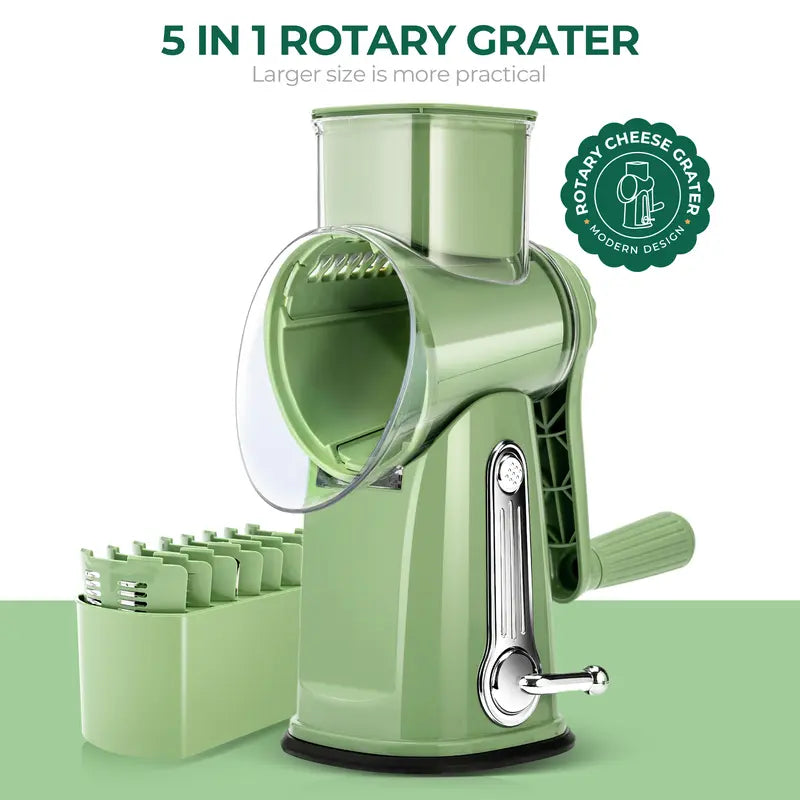Rotary Cheese Grater with Handle, 5 Well-Designed Blades, Strong Suction Cup Base, Kitchen Utensils