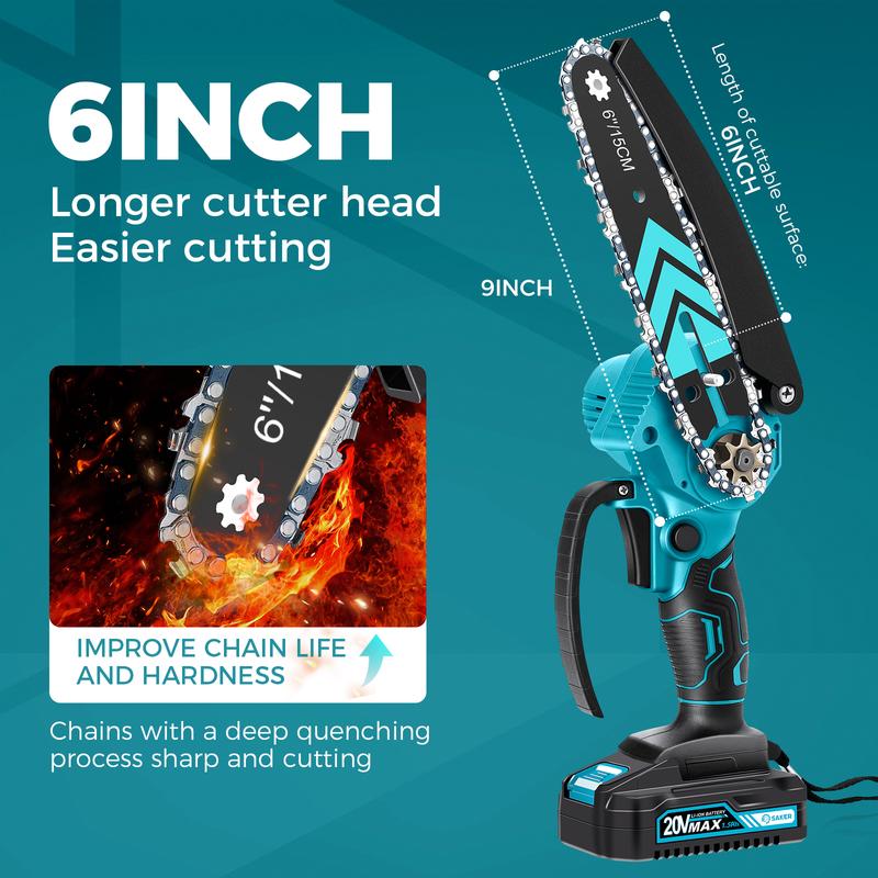 Saker Mini Chainsaw - Portable Electric Cordless Pruning Saw with Upgraded Copper Motor,20V 1500mAh Rechargeable Battery, Lightweight Design Springtok Tool Kit Cutting