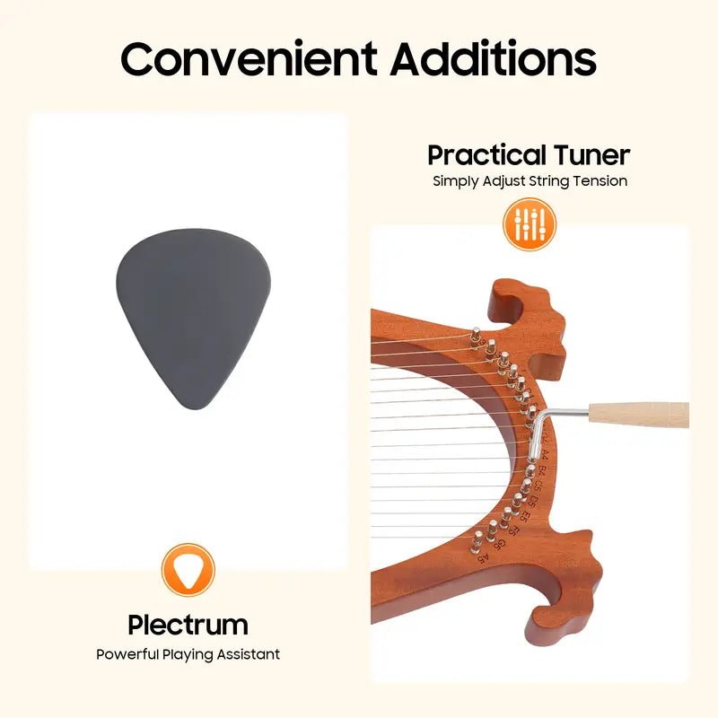 16-String Mahogany Wooden Harp Set 26x3.3x39cm - European Style with Tuner, Cloth and Accessories for Adults and Children