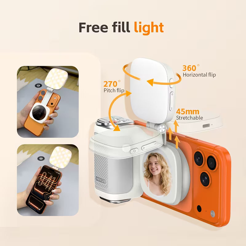 COMITOK MOCA Handheld Phone Grip – Mirror + LED Fill Light, One-Tap Camera, Rechargeable Remote for Creators