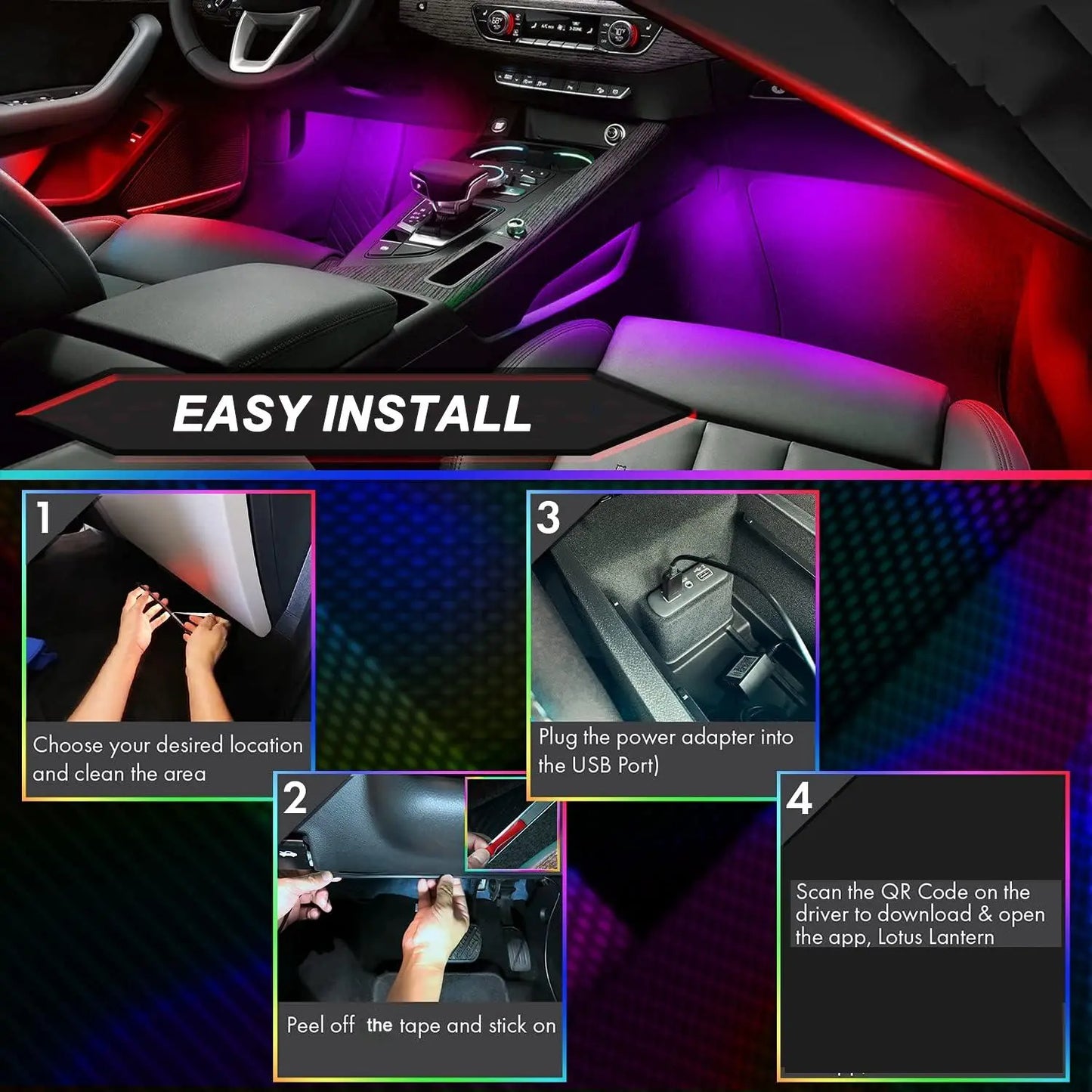 RGB Smart Car Ambient Lighting – App-Controlled, USB-Powered, Decorative LED Strip Lights for Vehicle Interior, Multifunctional Car Accessory