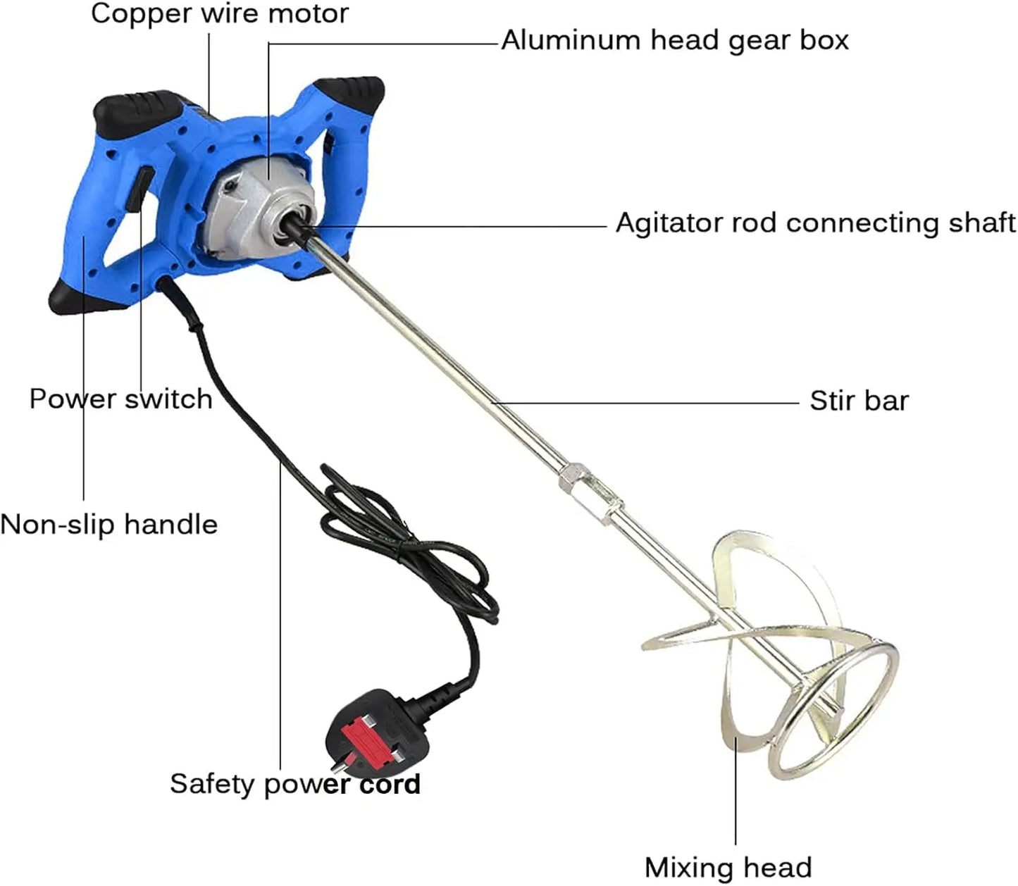 Electric Concrete Mixer Paddle Mixer - 6-Speed Heavy Duty Plaster Mortar Paint Mixer with Power Cable
