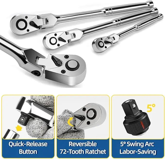 6-Piece Flex Head Ratchet Wrench Set – Chrome Vanadium Steel, 1/4", 3/8", 1/2" Drive with Extension Bars, 72-Tooth, 180° Adjustable Quick-Release, Professional Swivel Head for Tight Spaces
