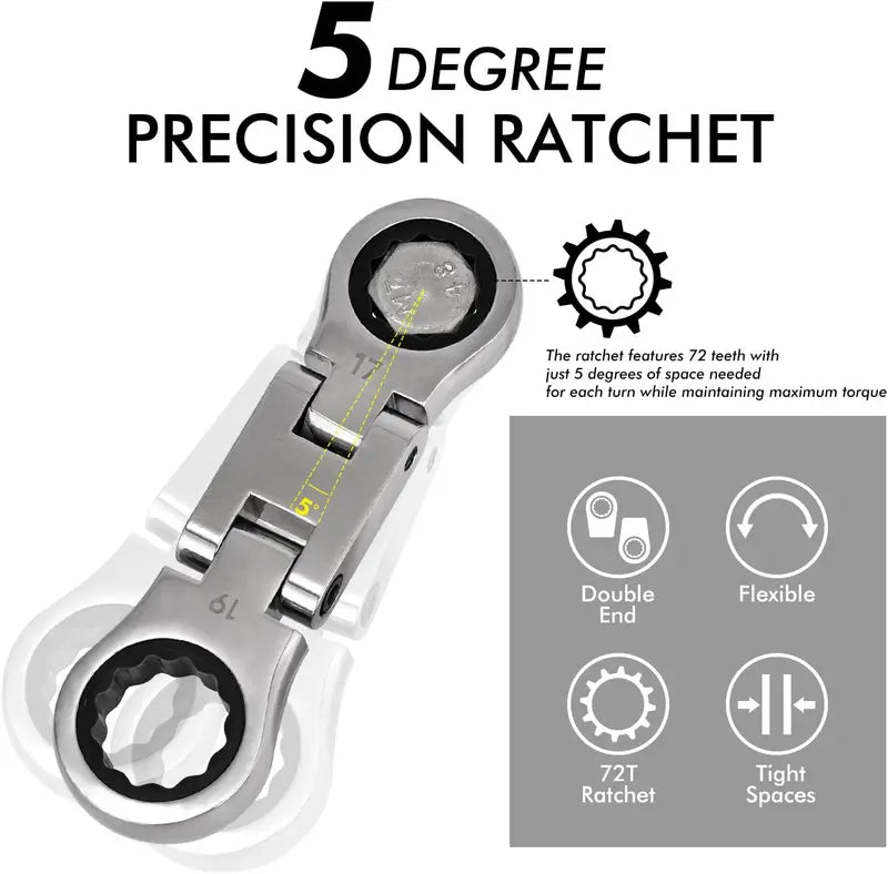 5-Piece Stubby Flex Head Ratcheting Wrench Set - 72-Tooth, Quick Release, Metric Combination Wrench for Tight Spaces
