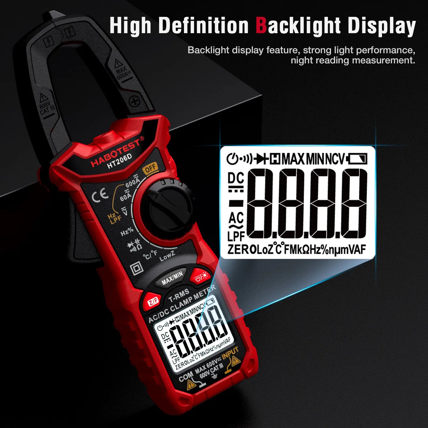 HABOTEST HT206D Digital Clamp Meter - 600A AC/DC Current, Two-Color Backlight, NCV Voltmeter Ammeter