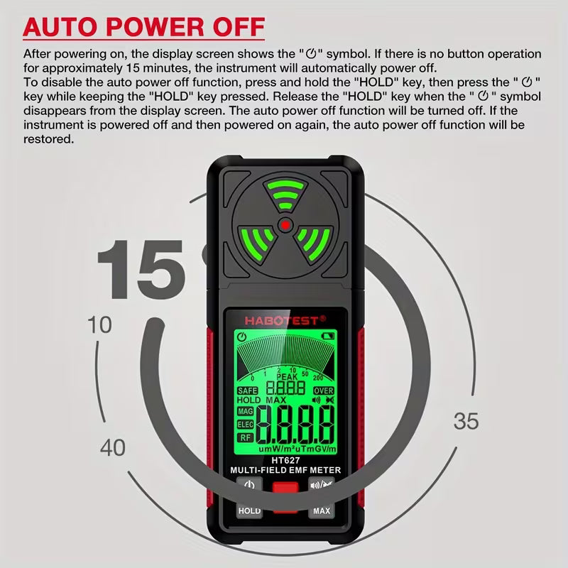 HABOTEST HT627 EMF Meter – 3-in-1 Detector for EF, MF & RF Radiation, for Home & Outdoor Inspections