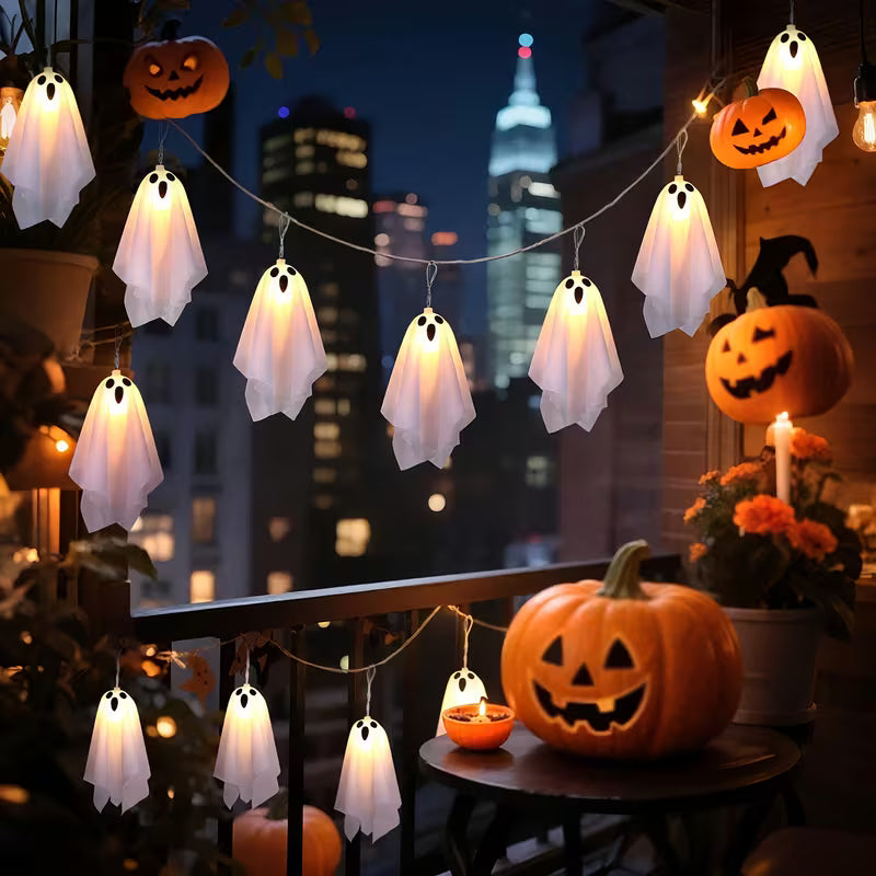 10-Pack Halloween Ghost Icicle Lights – Curtain String Lights for Haunted House & Porch Decor