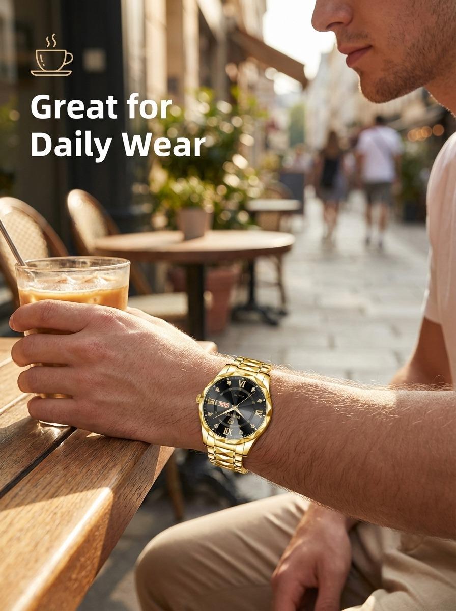 Men's Business Fashion Rhinestone Decor Analog Quartz Watch, Calendrier Waterproof Watch for Party, Daily Decor, Trendy Watch for Birthday Gift with Box, Stainless Steel Wristwatch, Rhinestone Embellished Watch
