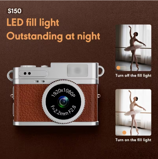 Retro Wearable Mini Camera with 32GB Memory Card – 1080P HD Video, 0.96" IPS Screen, LED Fill Light, 17.5g Ultra-Light, Pocket-Size for Vlogging & Travel