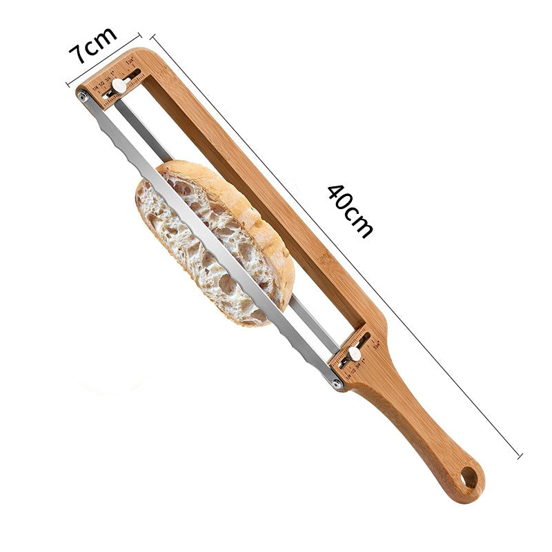 Adjustable Bread Cutter with Scale – Smooth Serrated Steel Blade, Bamboo Handle, Multi-Functional Kitchen Cutting Utensil & Gadget
