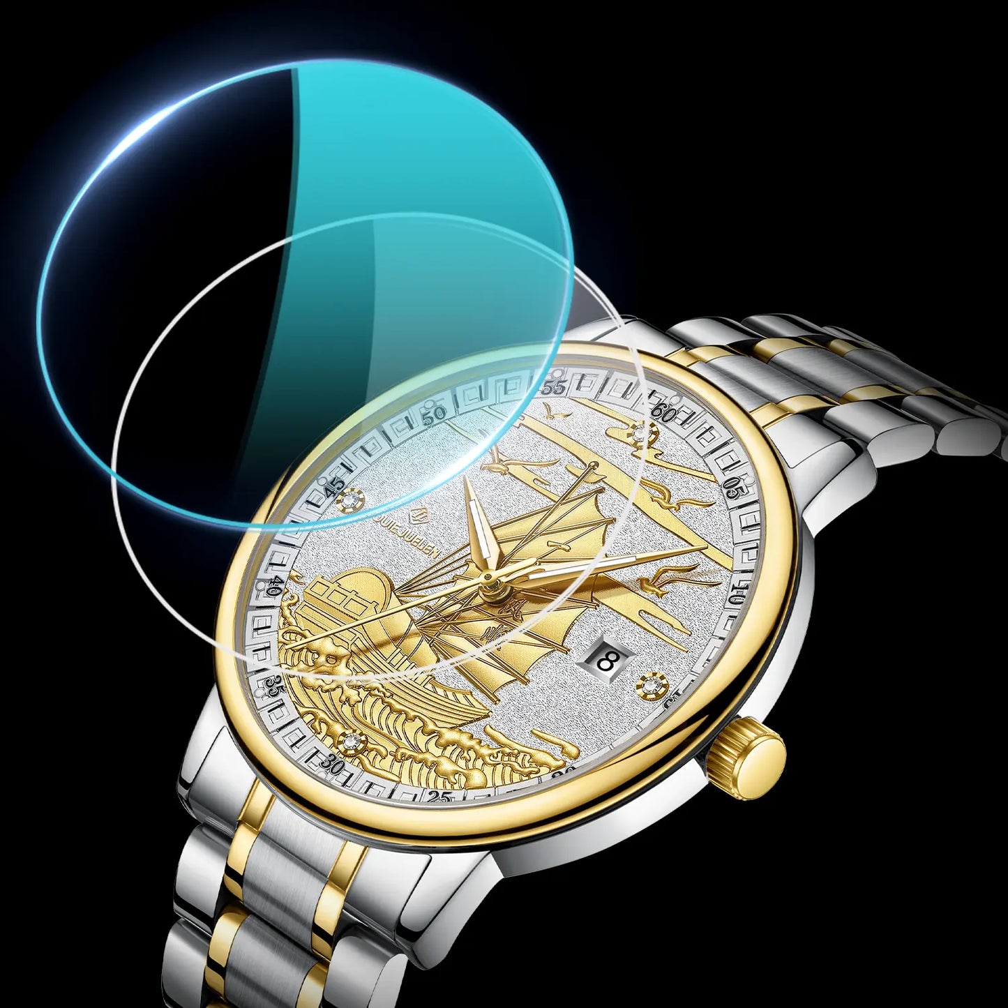 Men's Swiss Luxury Watch – 42mm Stainless Steel Case, Hand-Carved Sailing Ship Dial, Precision Movement