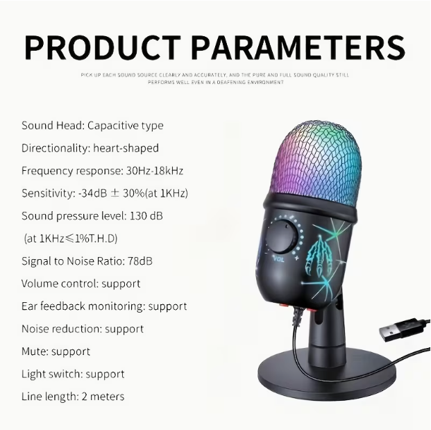 USB Desktop Condenser Microphone – Plug & Play with Stand, RGB Lighting, Noise Reduction, Advanced Built-in Chip, for Gaming, Singing, Live Streaming, Video Conferencing & Podcasting