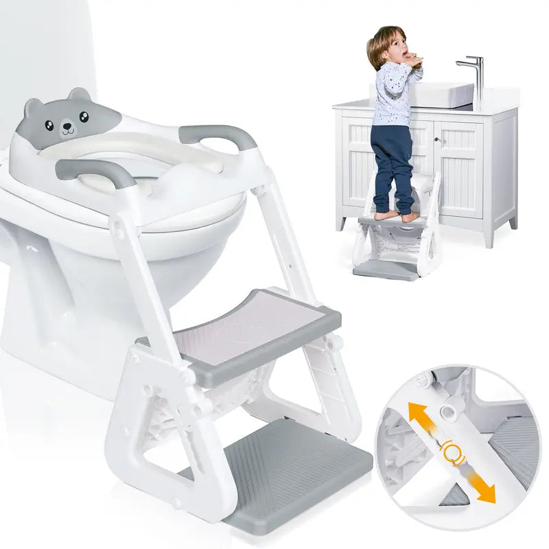 2-IN-1 Potty Training Toilet Seat with Step Stool for Toddler, Stability Training Potty Seat for Kids Boys Girls with Splash Guard and Anti-Slip Pad, Adjustable Ladder & Potty Seat Height, Grey