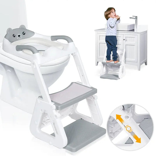 2-IN-1 Potty Training Toilet Seat with Step Stool for Toddler, Stability Training Potty Seat for Kids Boys Girls with Splash Guard and Anti-Slip Pad, Adjustable Ladder & Potty Seat Height, Grey