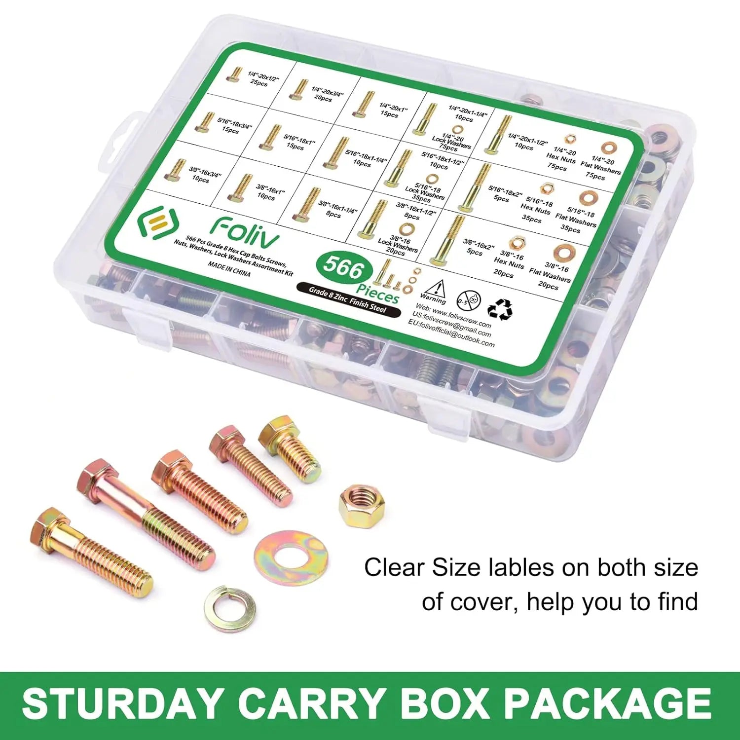 【DealsForYouDays】FOLIV 566Pcs Heavy Duty Bolts and Nuts Assortment Kit, Grade 8 Hex Screws Bolts Nuts Kit, 1/4-20 5/16-18 3/8-16, 15 Common Sizes Included bow go Telescoping Magnetic Christmas & New Year Gift Ideas Hardware image 6