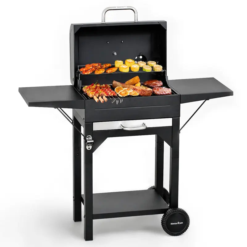 MASTER COOK Charcoal Grill with Two Side Tables, Heavy-duty Steel Barbecue BBQ Grill for Outdoor Picnic Backyard Patio and Parties, Black