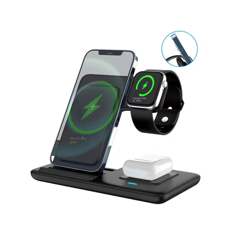 Z11 Foldable 3‑in‑1 Wireless Charger 20W Fast Charging Stand – Multi‑Device Charging for Phone, Watch & Earbuds, Compatible with iOS & Android